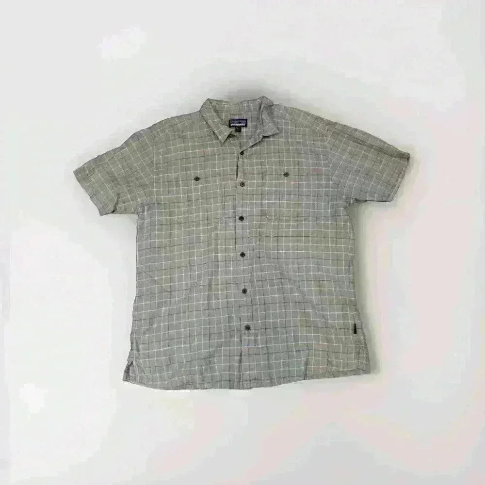 Patagonia Mens Casual Button-Down Shirt Short Sleeve Plaid Blue Size XL